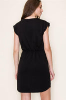 Cap Sleeve Drawstring Side Pocket Black Dress