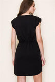 Cap Sleeve Drawstring Side Pocket Black Dress