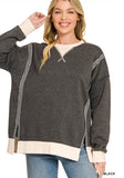 Fleece Acid Wash Contrast Trim Pullover Sweatshirt