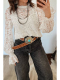 Ruffled Long Sleeve Sheer Lace Blouse