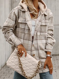 Khaki Plaid Shacket With Removable Hood
