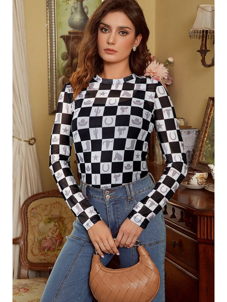 Checkerboard Western Elements Mesh Top