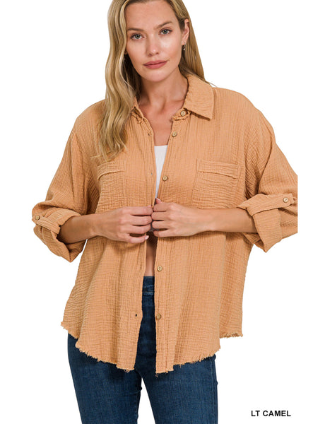 Double Gauze Button Down Roll Up Long Sleeve Shirt