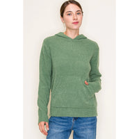 Olive Boucle Yarn Hooded Pullover Sweater