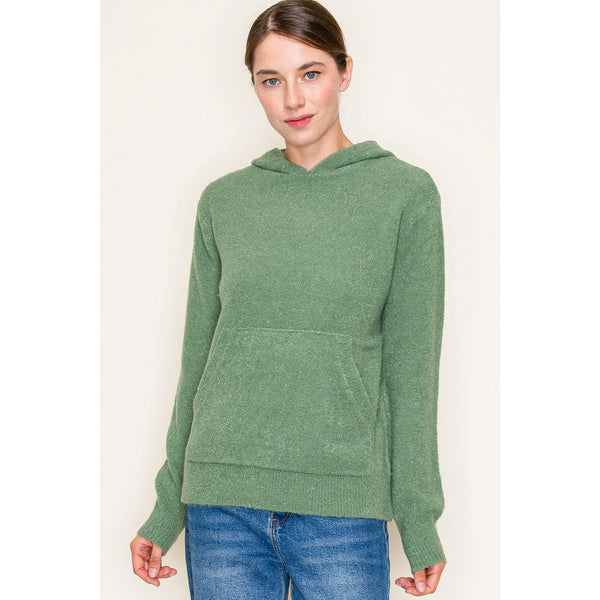 Olive Boucle Yarn Hooded Pullover Sweater