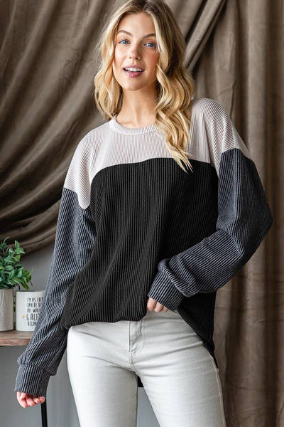 LONG PUFF SLEEVE URBAN RIBBED COLOR BLOCK TOP