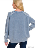 Stonewashed Cable Sleeve Crewneck Sweater