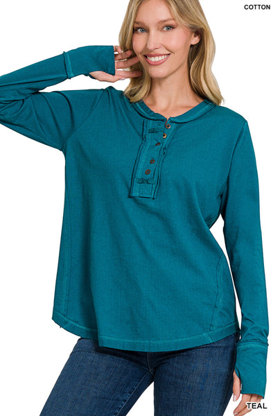 Thumb Hole Cuff Button Closure Long Sleeve Top