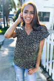 Short Sleeve Black and Ivory Animal Print Top