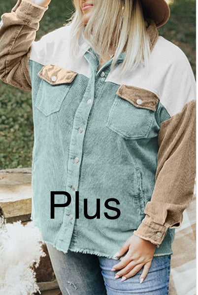 Plus Frayed Bottom Corduroy Color Block Shacket