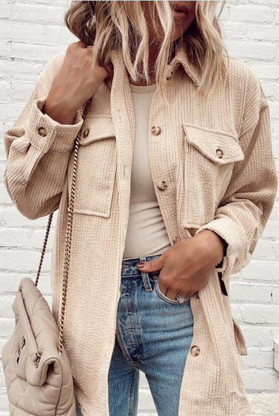 Beige Soft Corduroy Button Up Shirt Jacket