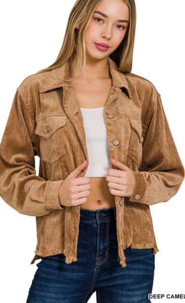 Distressed Corduroy Frayed Hem Cropped Jacket