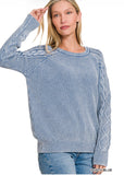 Stonewashed Cable Sleeve Crewneck Sweater