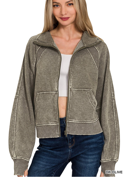 Acid Wash Fleece Zip Up Jacket