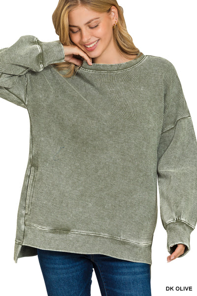 Acid Wash Double Ribbed Hi-Low Pullover