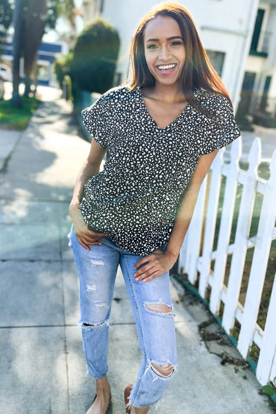 Short Sleeve Black and Ivory Animal Print Top