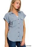 V-Neck Collared Top With Flap Pocket