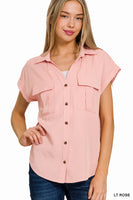 V-Neck Collared Top With Flap Pocket