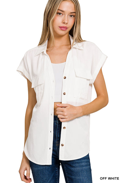 V-Neck Collared Top With Flap Pocket