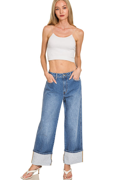 High Rise Cuffed Wide Leg Denim Jeans