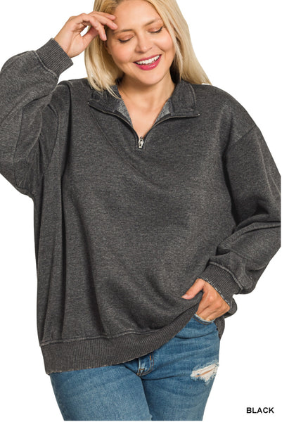 Plus Acid Wash 1/2 Zip Pullover Sweatshirt