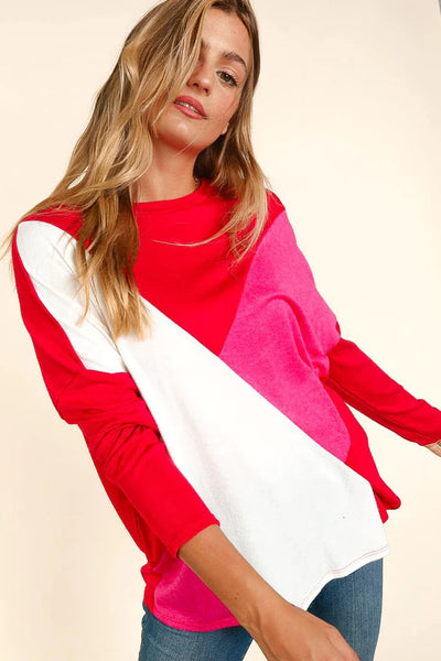 Red White Pink Asymmetric Dolman Oversized Top