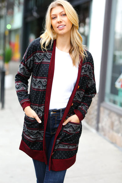 Burgundy Print Button Down Cardigan