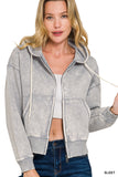 Acid Wash Cropped Full Zip Hoodie