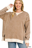 Fleece Acid Wash Contrast Trim Pullover Sweatshirt