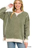 Fleece Acid Wash Contrast Trim Pullover Sweatshirt
