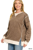 Fleece Acid Wash Contrast Trim Pullover Sweatshirt