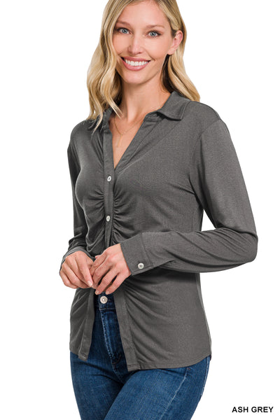 Stretch Button Down Shirt With Ruched Detail