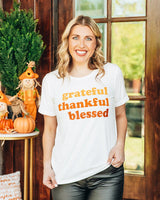 Grateful Thankful Blessed White Cuffed Sleeve Tshirt