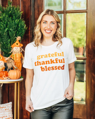 Grateful Thankful Blessed White Cuffed Sleeve Tshirt