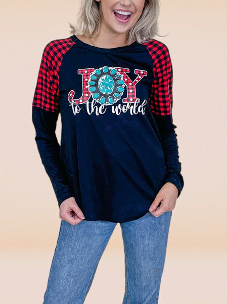 Joy To The World Plaid Sleeve Top