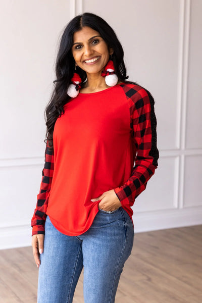 Red Top With Buffalo Plaid Sleeve