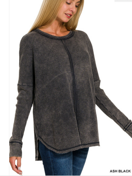 Plus Washed Baby Waffle Oversized Long Sleeve Top