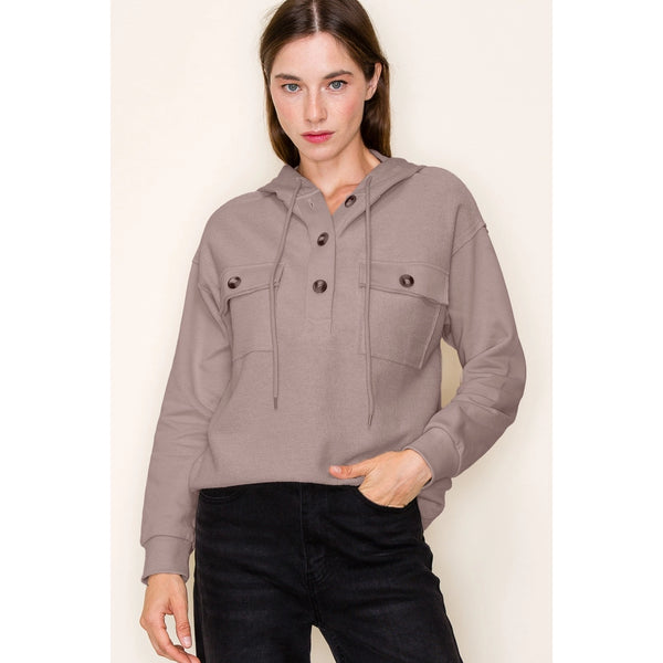Hooded Button Down Front Pocket Terry Pullover