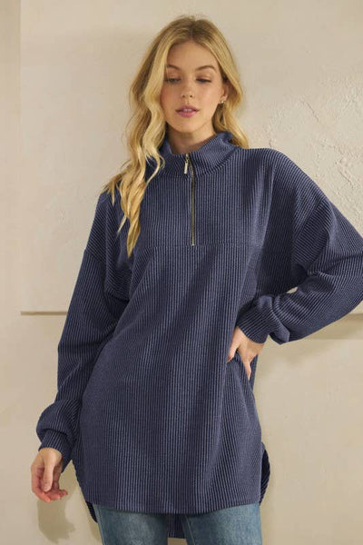 LONG PUFF SLEEVE ZIP UP SOLID URBAN RIB TOP