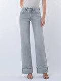 Mid Rise Full Length Grey Cuffed Wide Leg Jeans