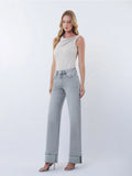 Mid Rise Full Length Grey Cuffed Wide Leg Jeans