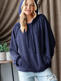 Solid Ribbed Puff Sleeve Hoodie Top