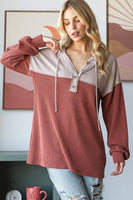 URBAN RIBBED CONTRAST HOODIE WITH BUTTON