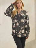 Long Sleeve Ribbed Floral Split Collar Top
