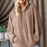 Solid Ribbed Puff Sleeve Hoodie Top