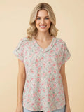 Floral Mint Ribbed V Neck Top