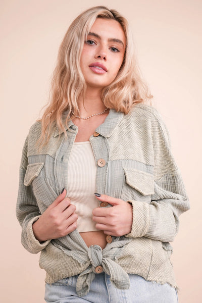 Mineral Washed Mixed Fabric Gauze Denim Color Shacket