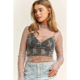 Plus Mesh Lace High Neck Long Sleeve Fitted Top