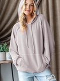 Solid Ribbed Puff Sleeve Hoodie Top