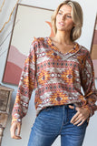 Aztec Pattern Long Puff Sleeve V Neck Top